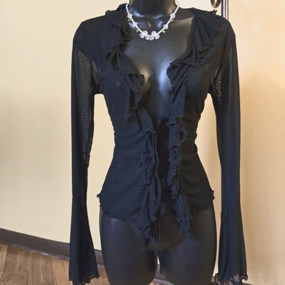 Elegant Black Ruffled Women's Top Netting 90s